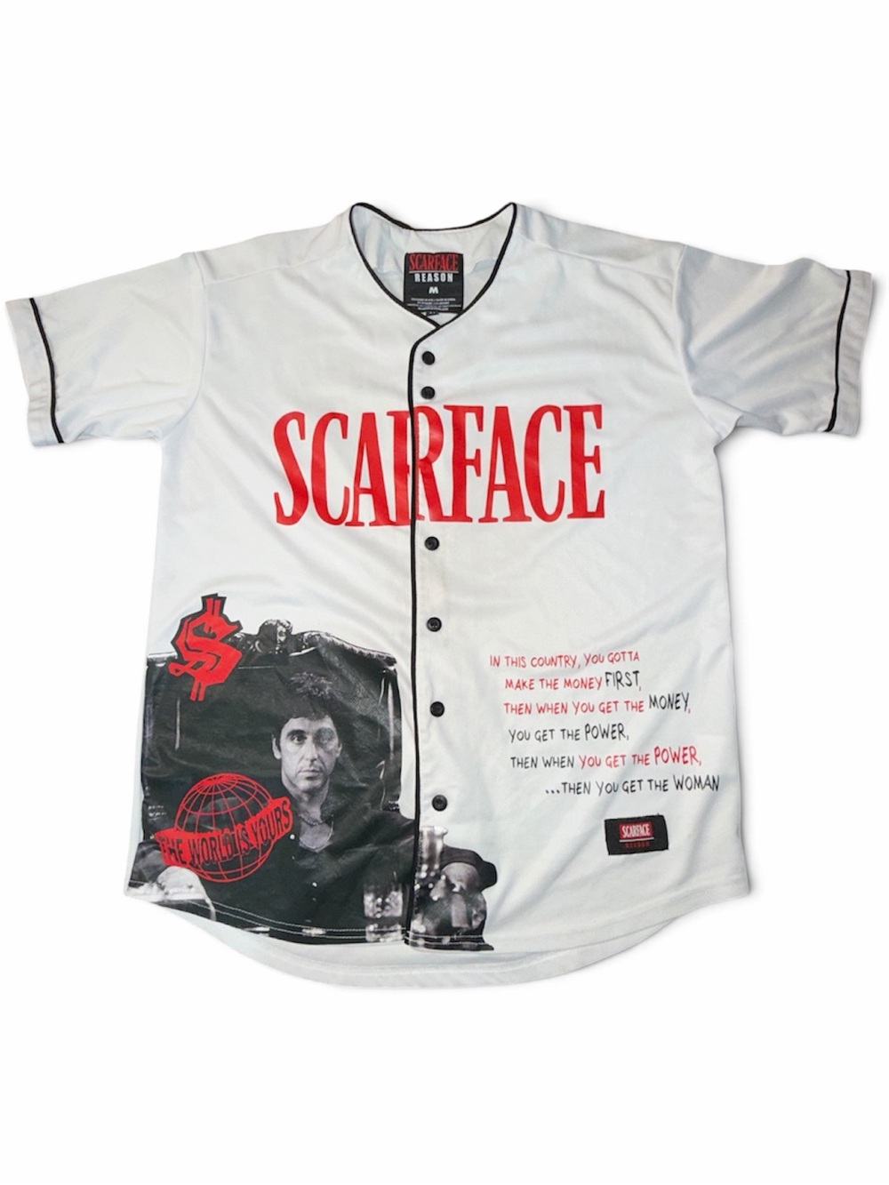 Reason Scarface Sz M White Button Front Baseball Jersey “World Is Yours”